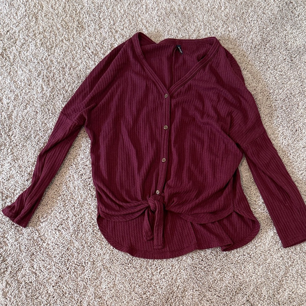 Long-Sleeve Burgundy Button-Front Tie-Front Top